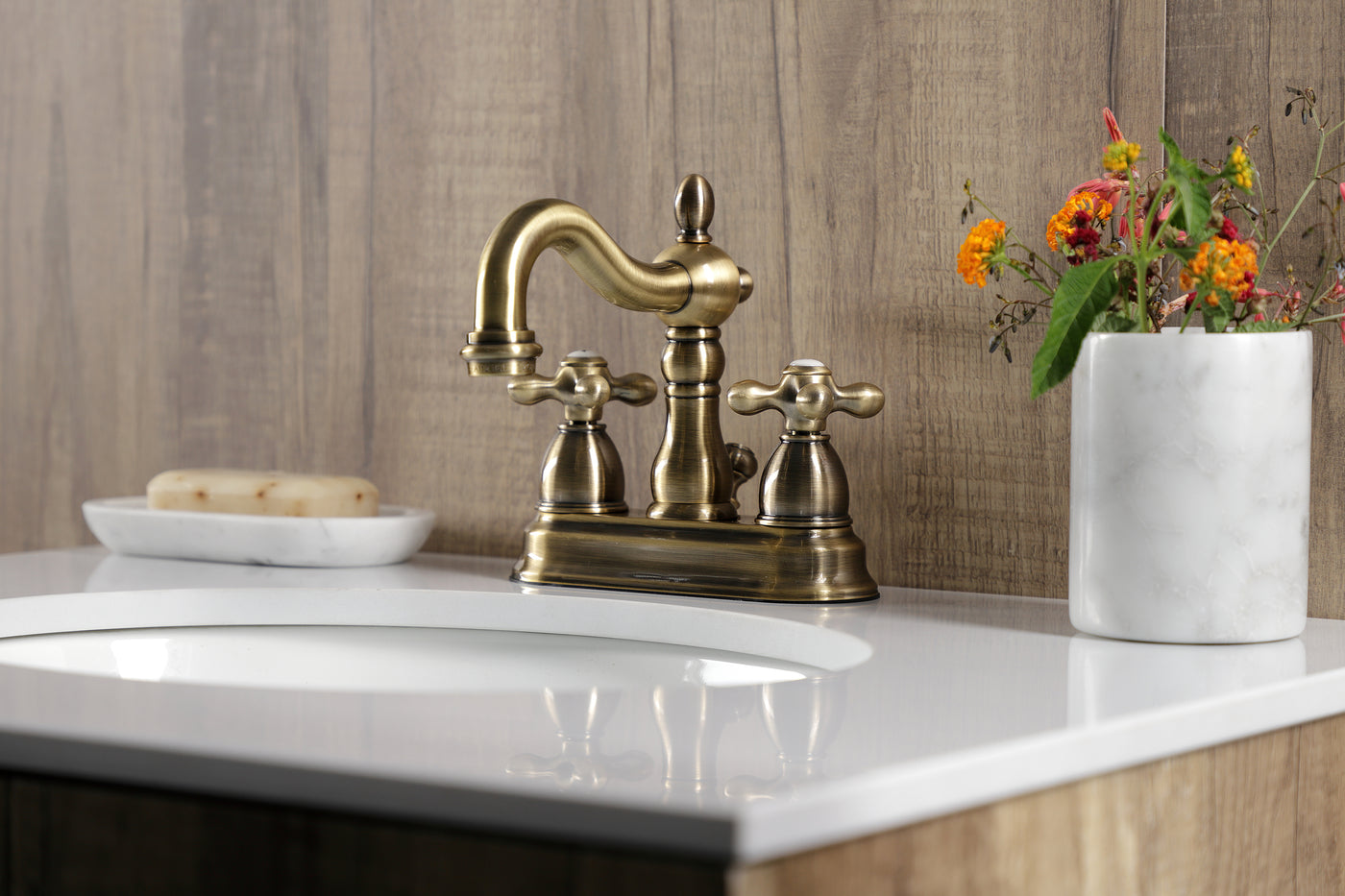 Elements of Design EB1603AX 4-Inch Centerset Bathroom Faucet with Plastic Pop-Up, Antique Brass