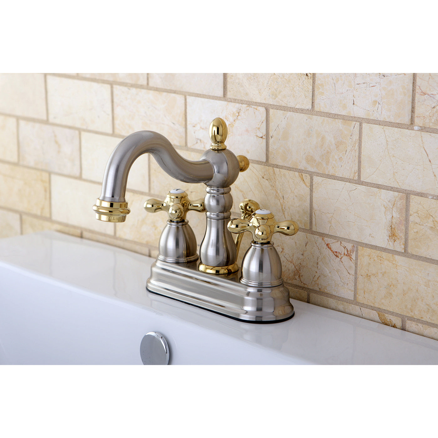 Elements of Design EB1609AX 4-Inch Centerset Bathroom Faucet with Plastic Pop-Up, Brushed Nickel/Polished Brass