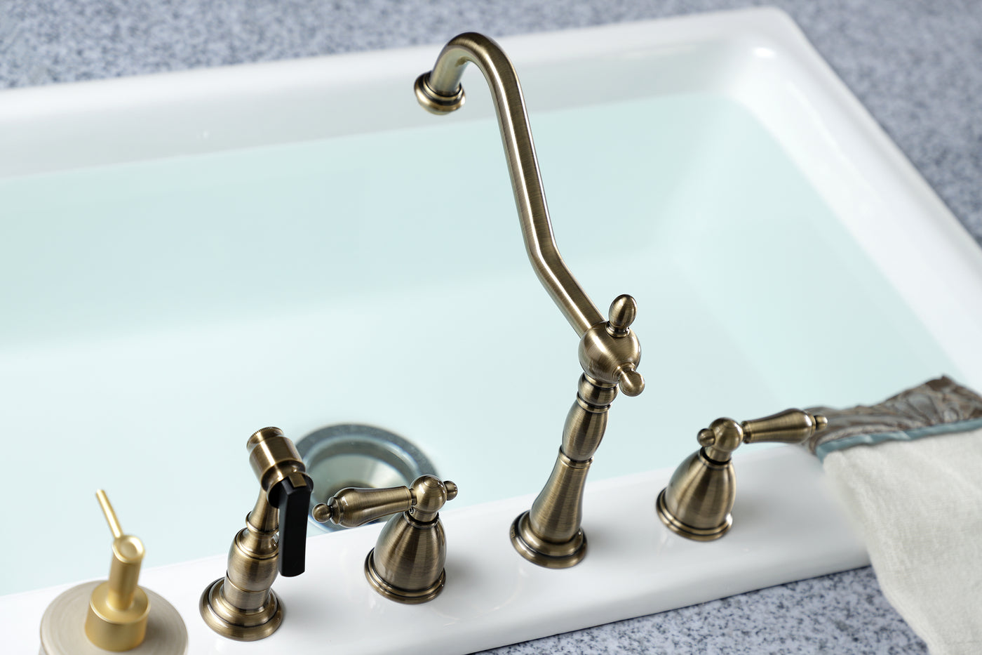 Elements of Design EB1793ALBS Widespread Kitchen Faucet with Brass Sprayer, Antique Brass