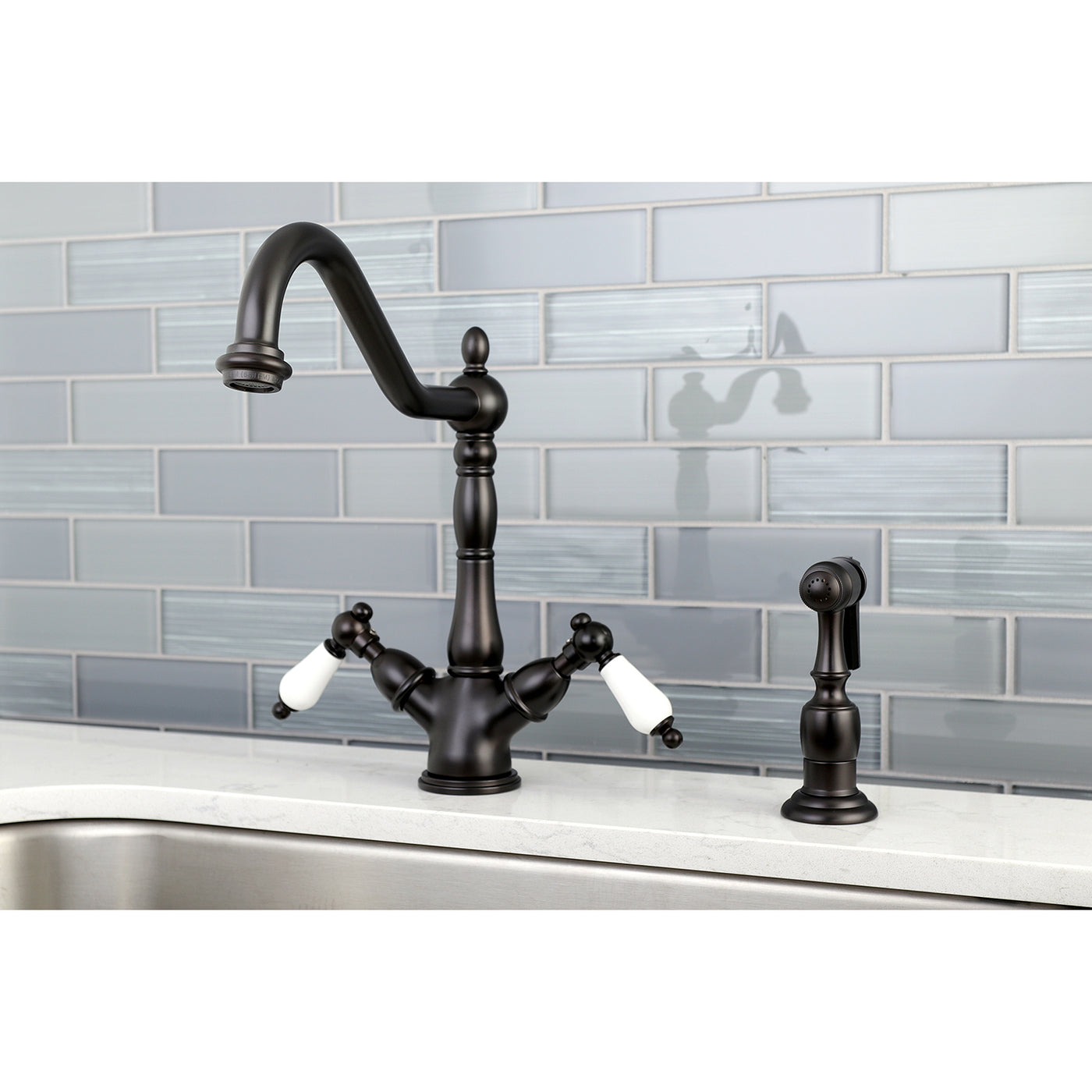 Elements of Design ES1235PLBS 2-Handle Kitchen Faucet with Brass Sprayer, Oil Rubbed Bronze