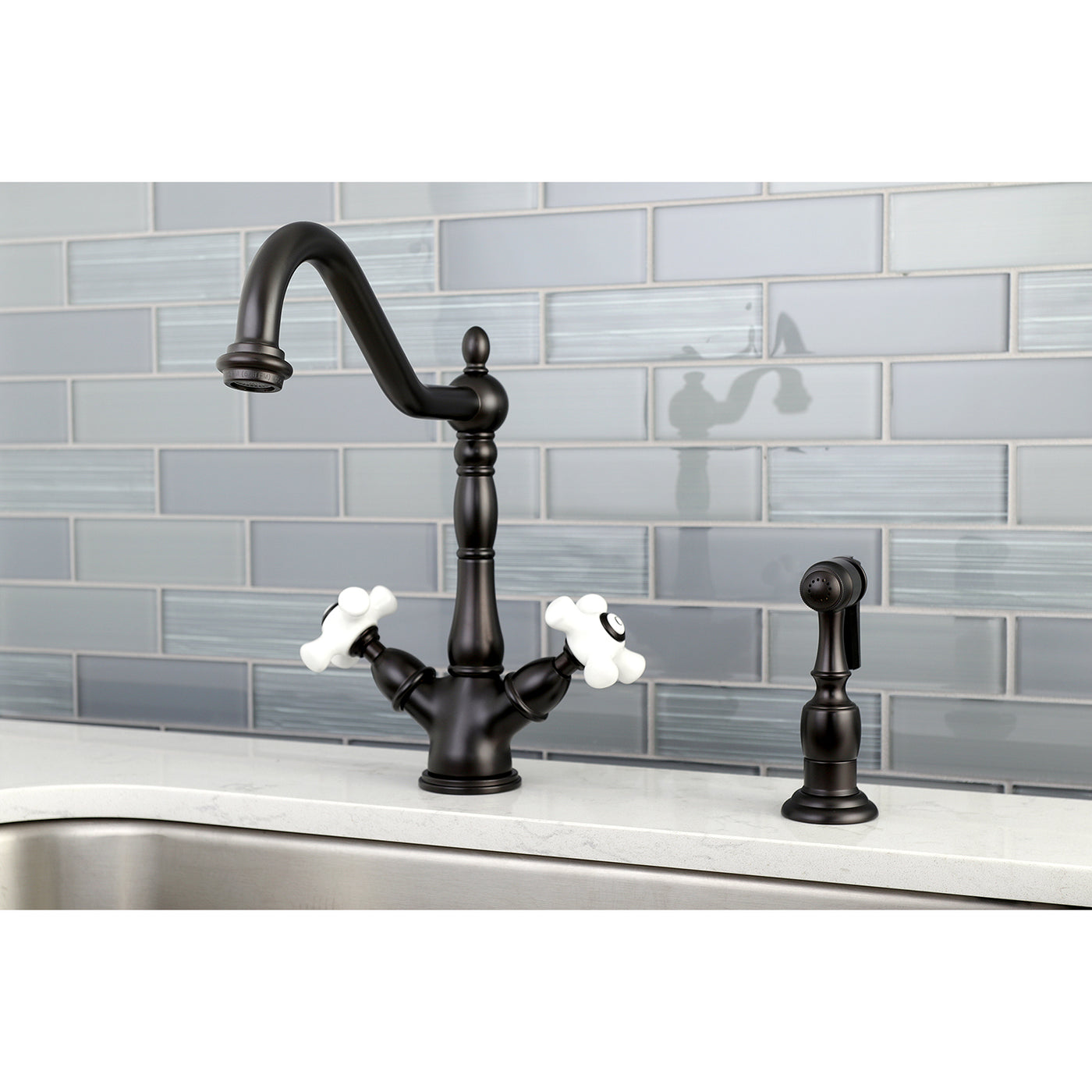 Elements of Design ES1235PXBS 2-Handle Kitchen Faucet with Brass Sprayer, Oil Rubbed Bronze