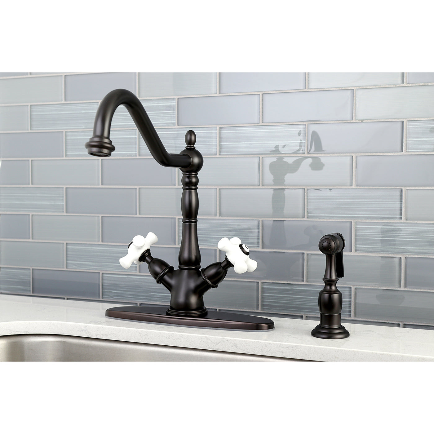 Elements of Design ES1235PXBS 2-Handle Kitchen Faucet with Brass Sprayer, Oil Rubbed Bronze