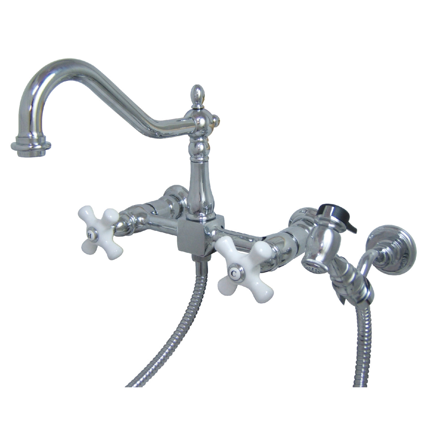 Elements of Design ES1241PXBS Wall Mount Bridge Kitchen Faucet with Brass Sprayer, Polished Chrome