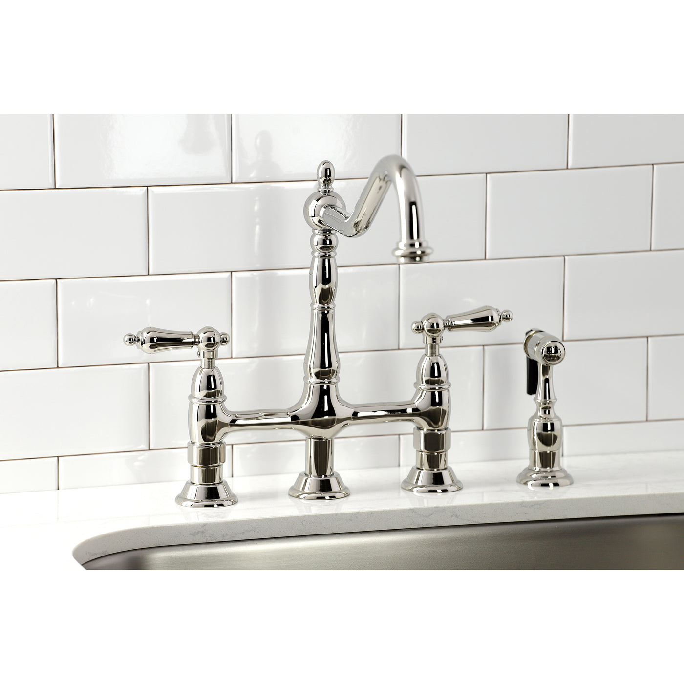 Elements of Design ES1276ALBS Bridge Kitchen Faucet with Brass Sprayer, Polished Nickel