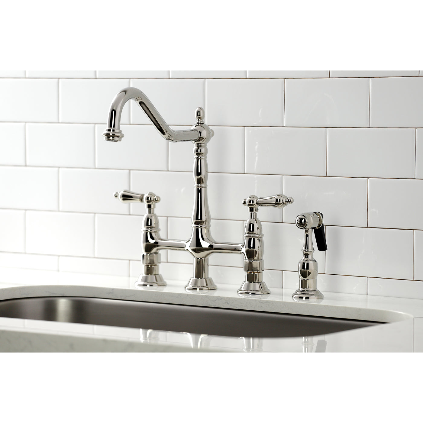 Elements of Design ES1276ALBS Bridge Kitchen Faucet with Brass Sprayer, Polished Nickel