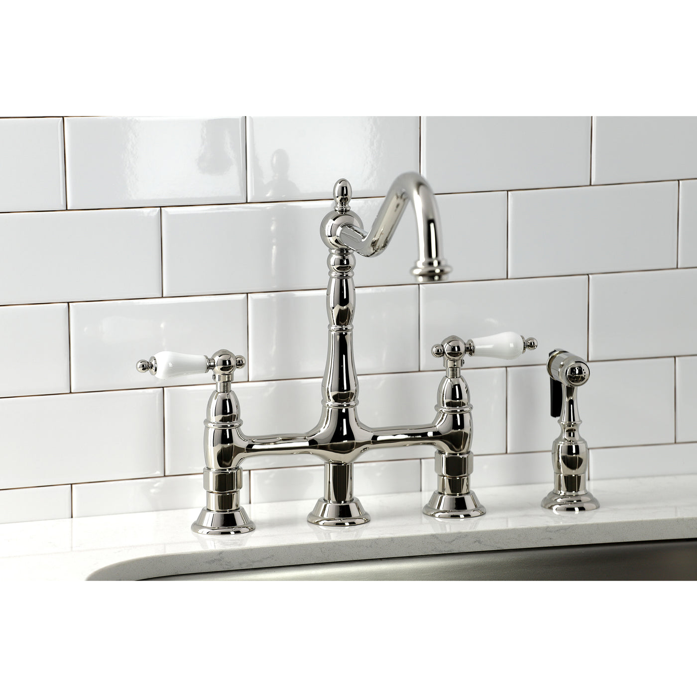 Elements of Design ES1276PLBS Bridge Kitchen Faucet with Brass Sprayer, Polished Nickel