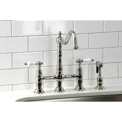 Elements of Design ES1276PLBS Bridge Kitchen Faucet with Brass Sprayer, Polished Nickel