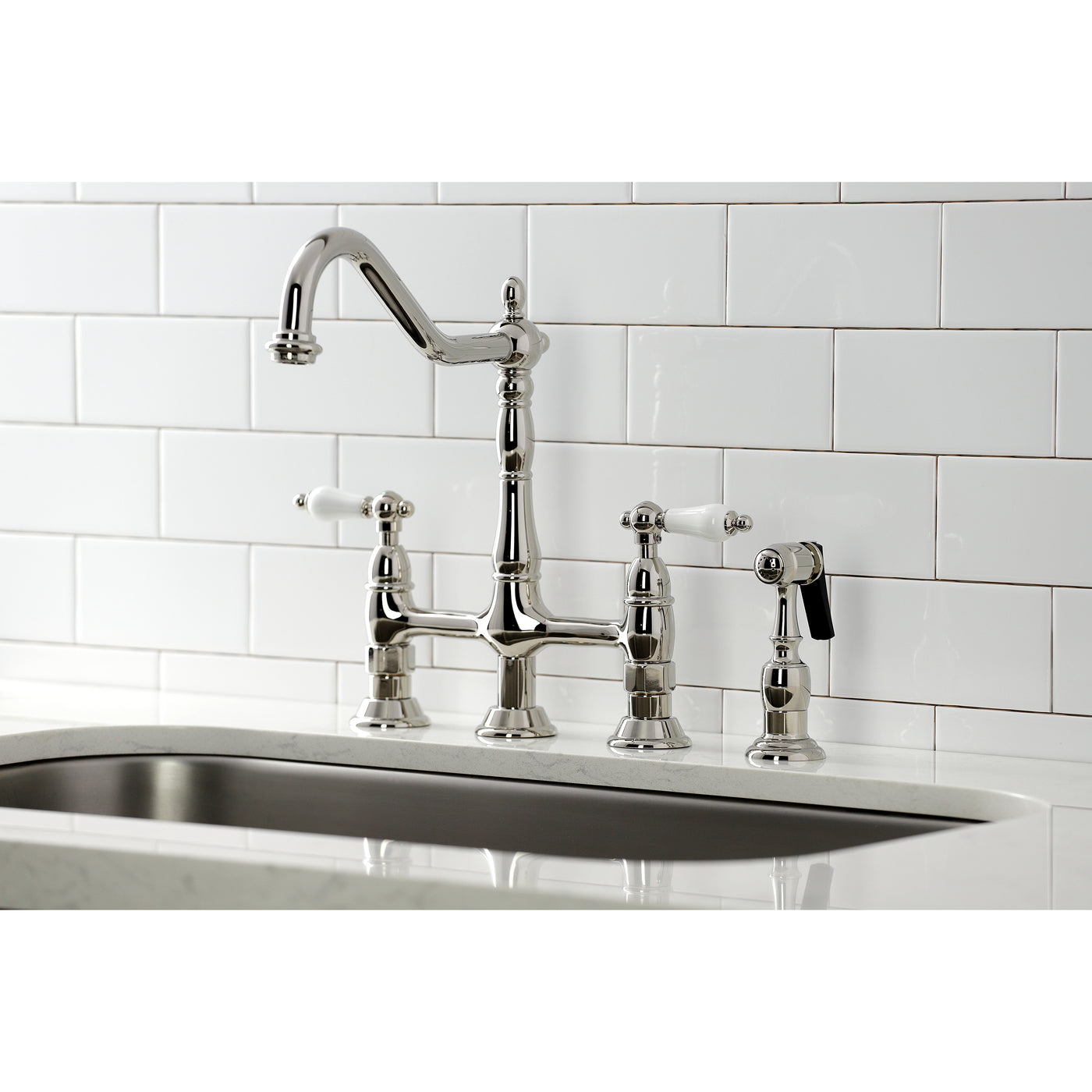 Elements of Design ES1276PLBS Bridge Kitchen Faucet with Brass Sprayer, Polished Nickel