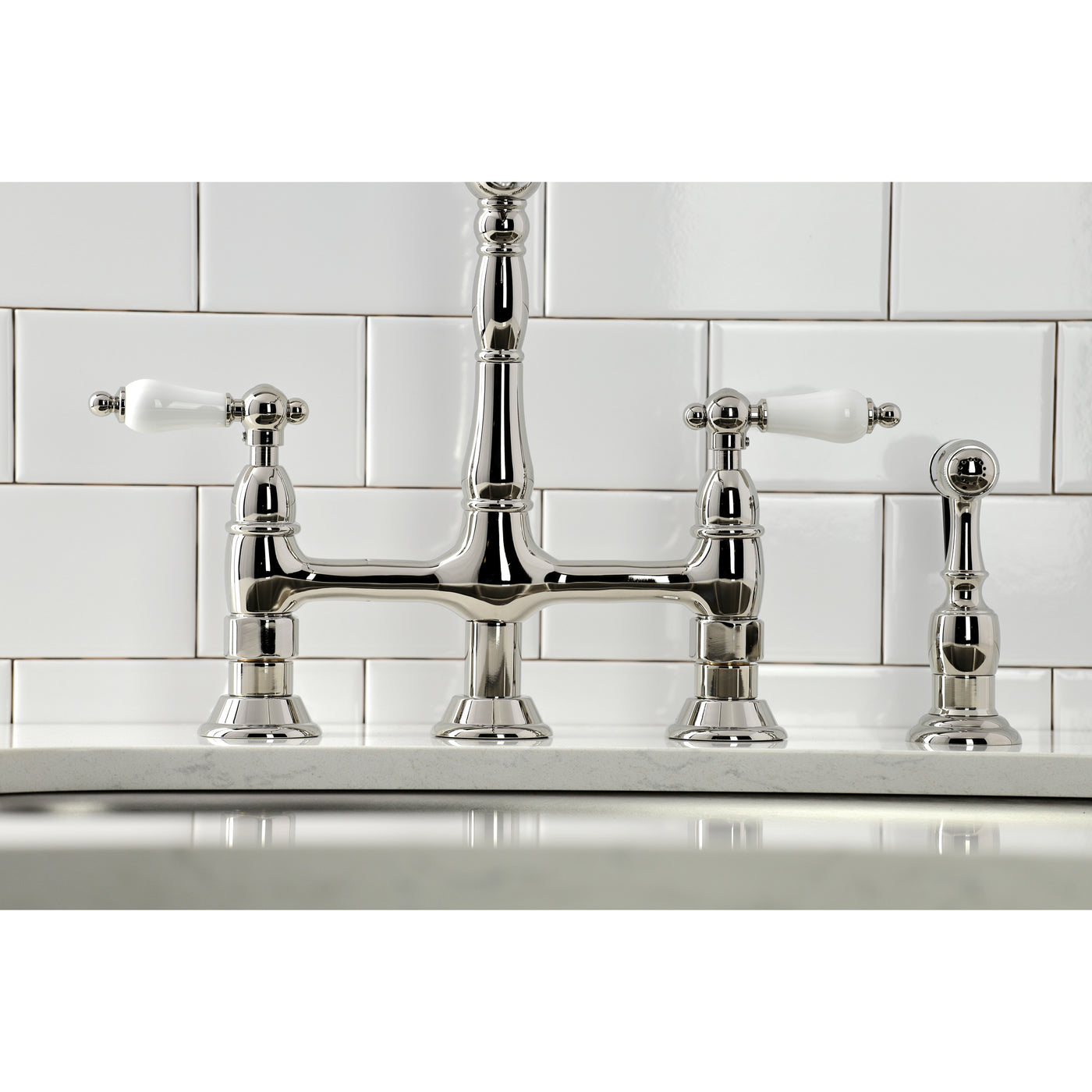 Elements of Design ES1276PLBS Bridge Kitchen Faucet with Brass Sprayer, Polished Nickel