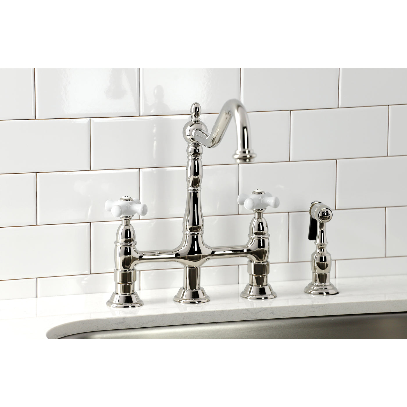 Elements of Design ES1276PXBS Bridge Kitchen Faucet with Brass Sprayer, Polished Nickel