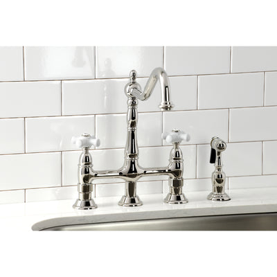 Elements of Design ES1276PXBS Bridge Kitchen Faucet with Brass Sprayer, Polished Nickel