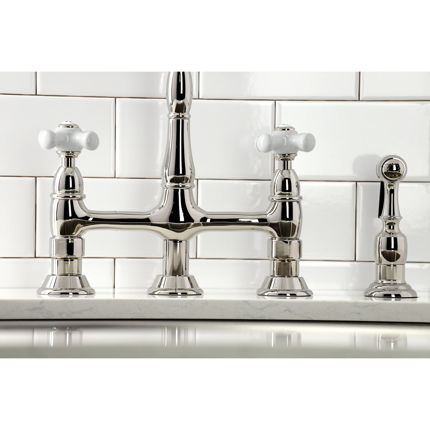 Elements of Design ES1276PXBS Bridge Kitchen Faucet with Brass Sprayer, Polished Nickel