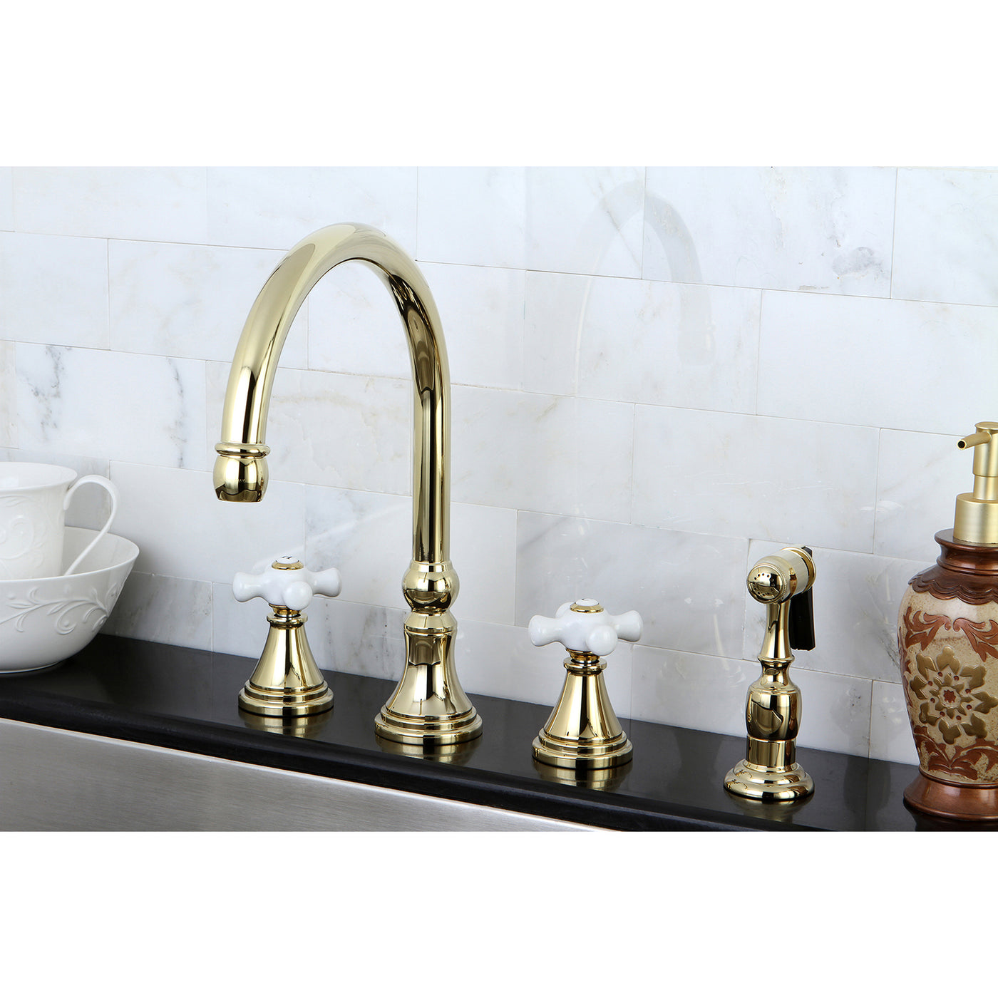Elements of Design ES2792PXBS Widespread Kitchen Faucet with Brass Sprayer, Polished Brass