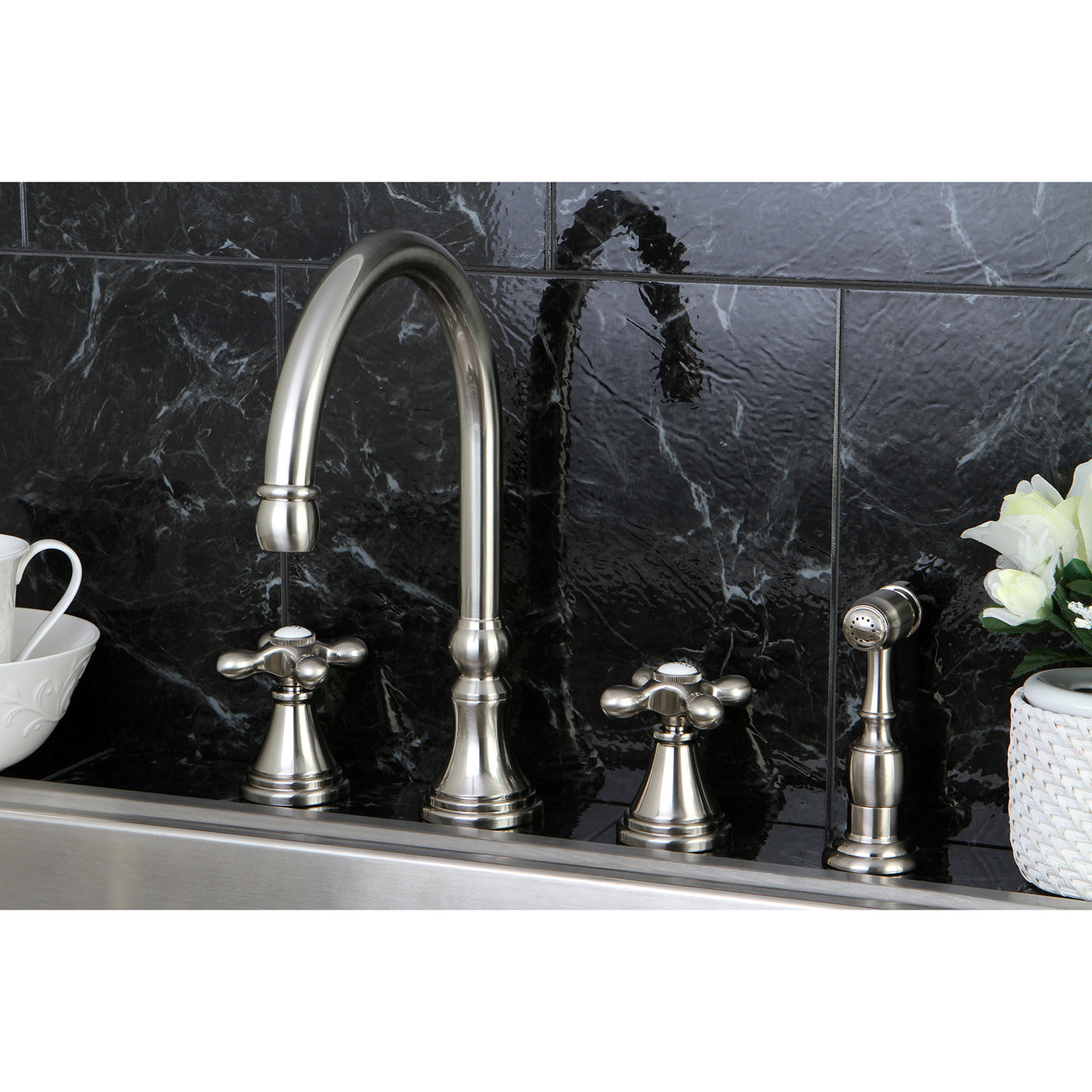 Elements of Design ES2798AXBS Widespread Kitchen Faucet with Brass Sprayer, Brushed Nickel