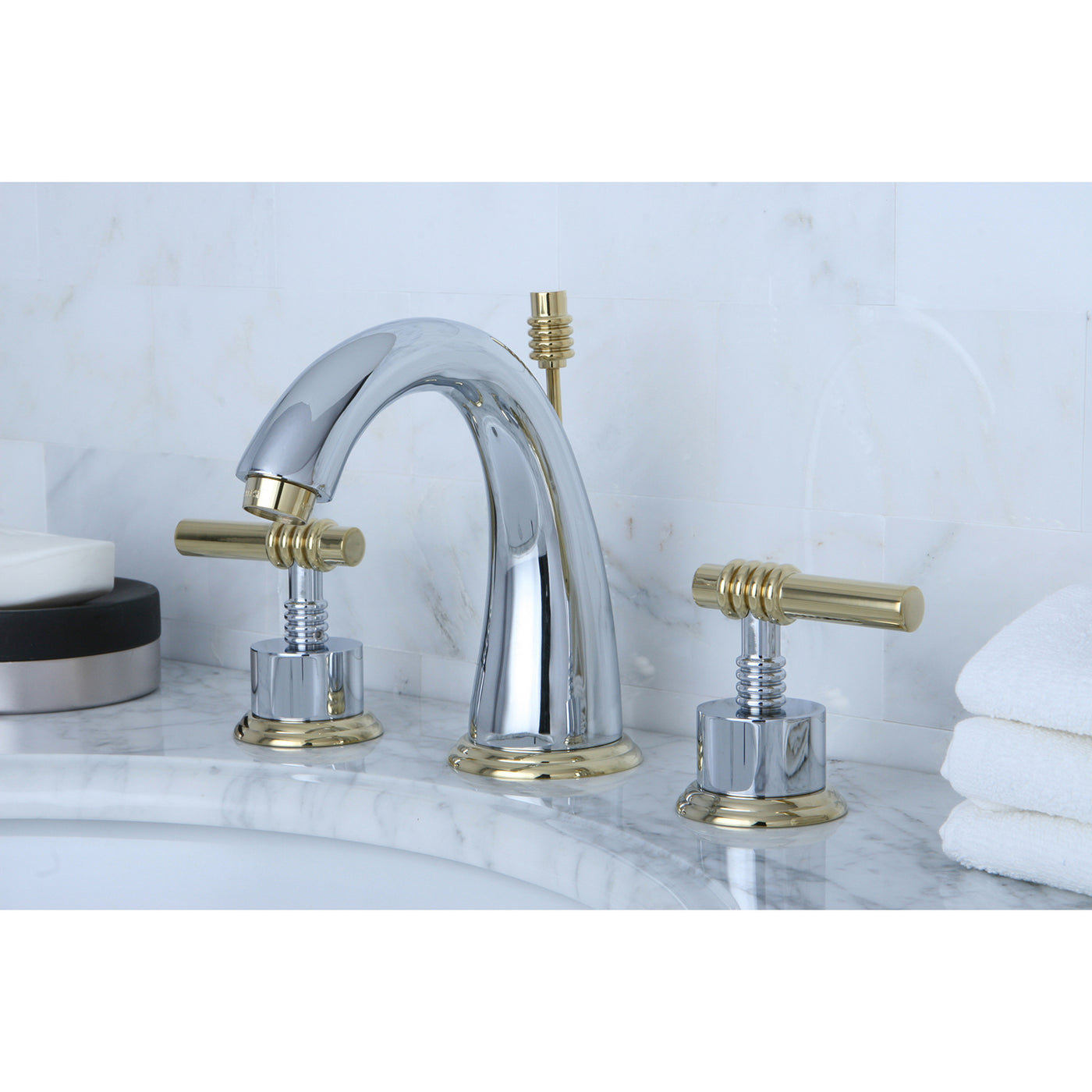 Elements of Design ES2964ML Widespread Bathroom Faucet with Brass Pop-Up, Polished Chrome/Polished Brass