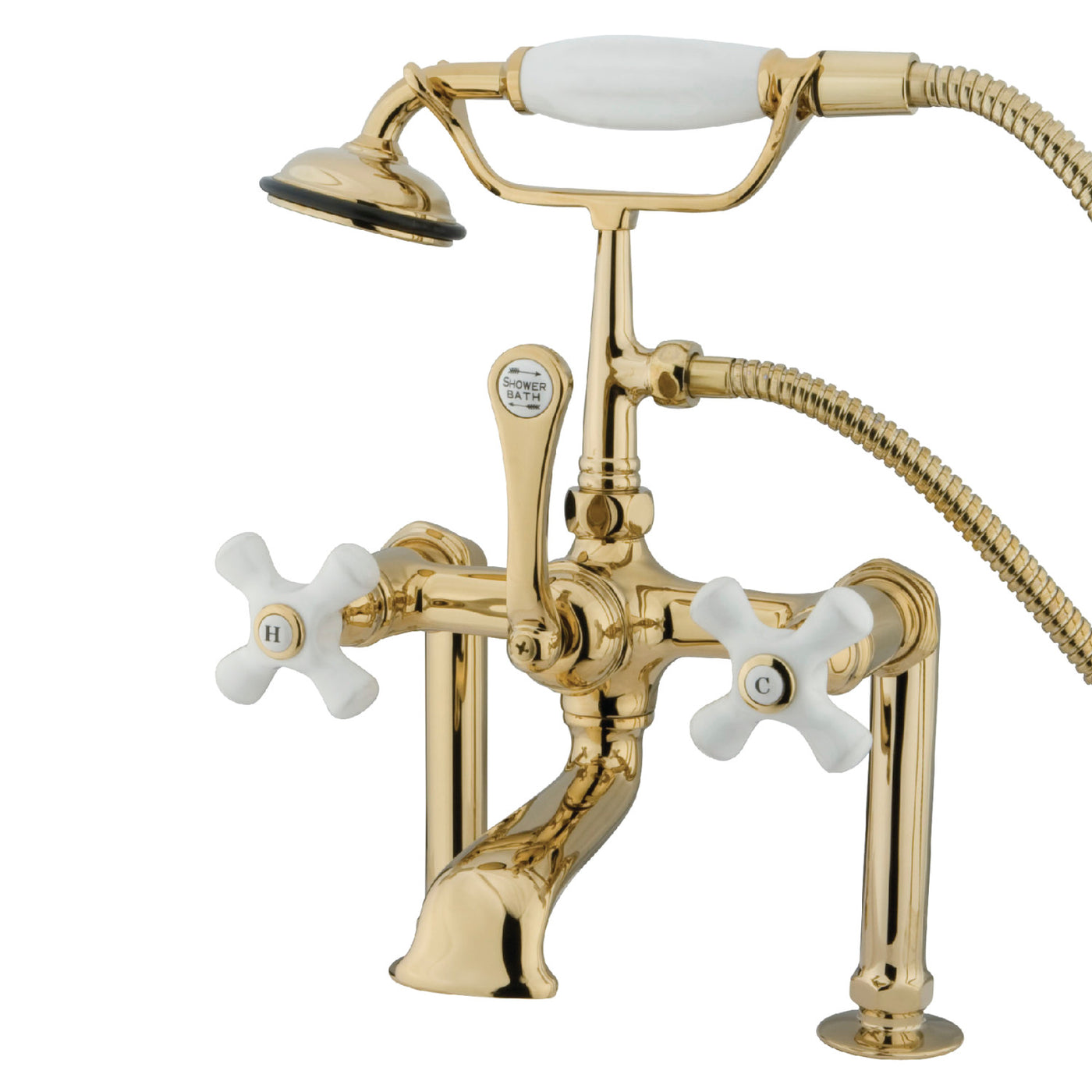 Elements of Design DT1032PX 7-Inch Deck Mount Clawfoot Tub Faucet with Hand Shower, Polished Brass