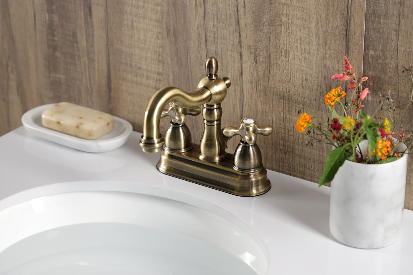 Elements of Design EB1603AX 4-Inch Centerset Bathroom Faucet with Plastic Pop-Up, Antique Brass