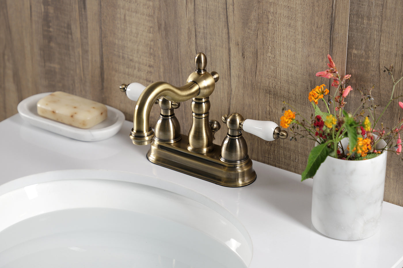 Elements of Design EB1603PL 4-Inch Centerset Bathroom Faucet with Plastic Pop-Up, Antique Brass