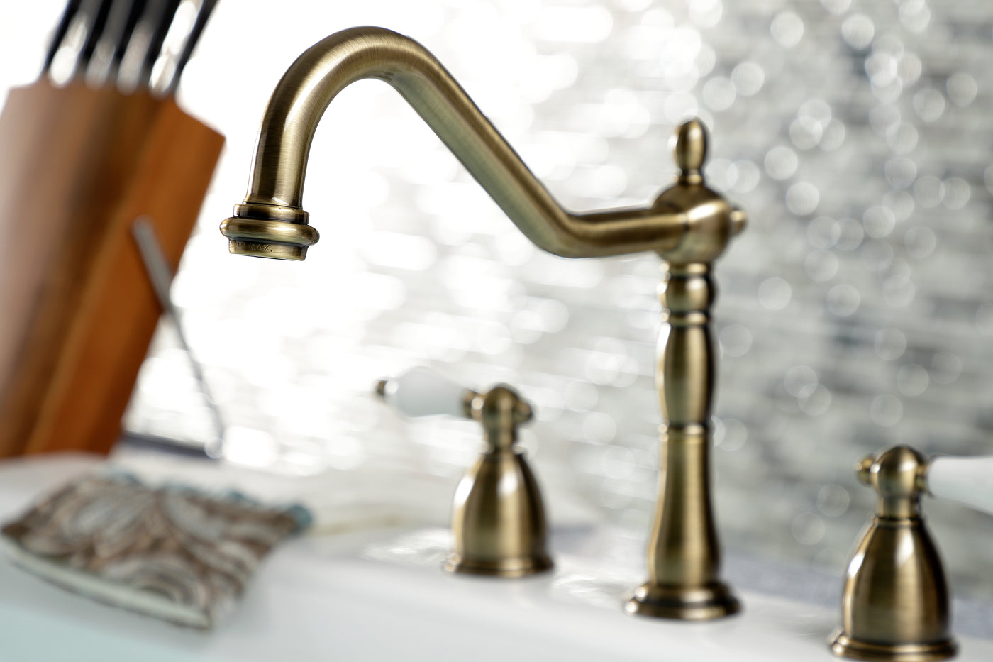 Elements of Design EB1793PLBS Widespread Kitchen Faucet with Brass Sprayer, Antique Brass