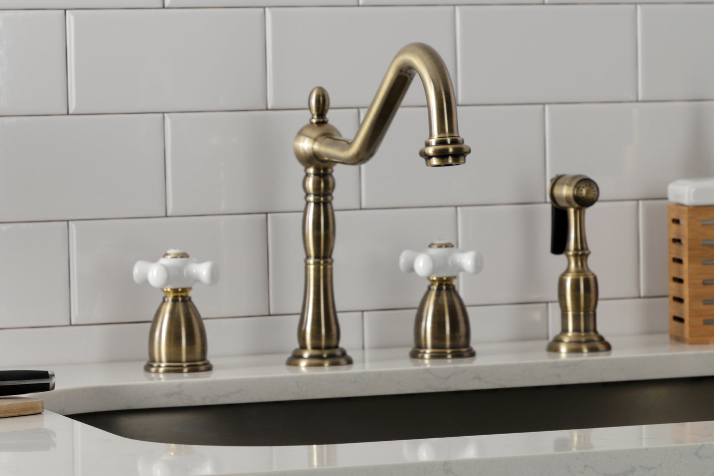 Elements of Design EB1793PXBS Widespread Kitchen Faucet with Brass Sprayer, Antique Brass
