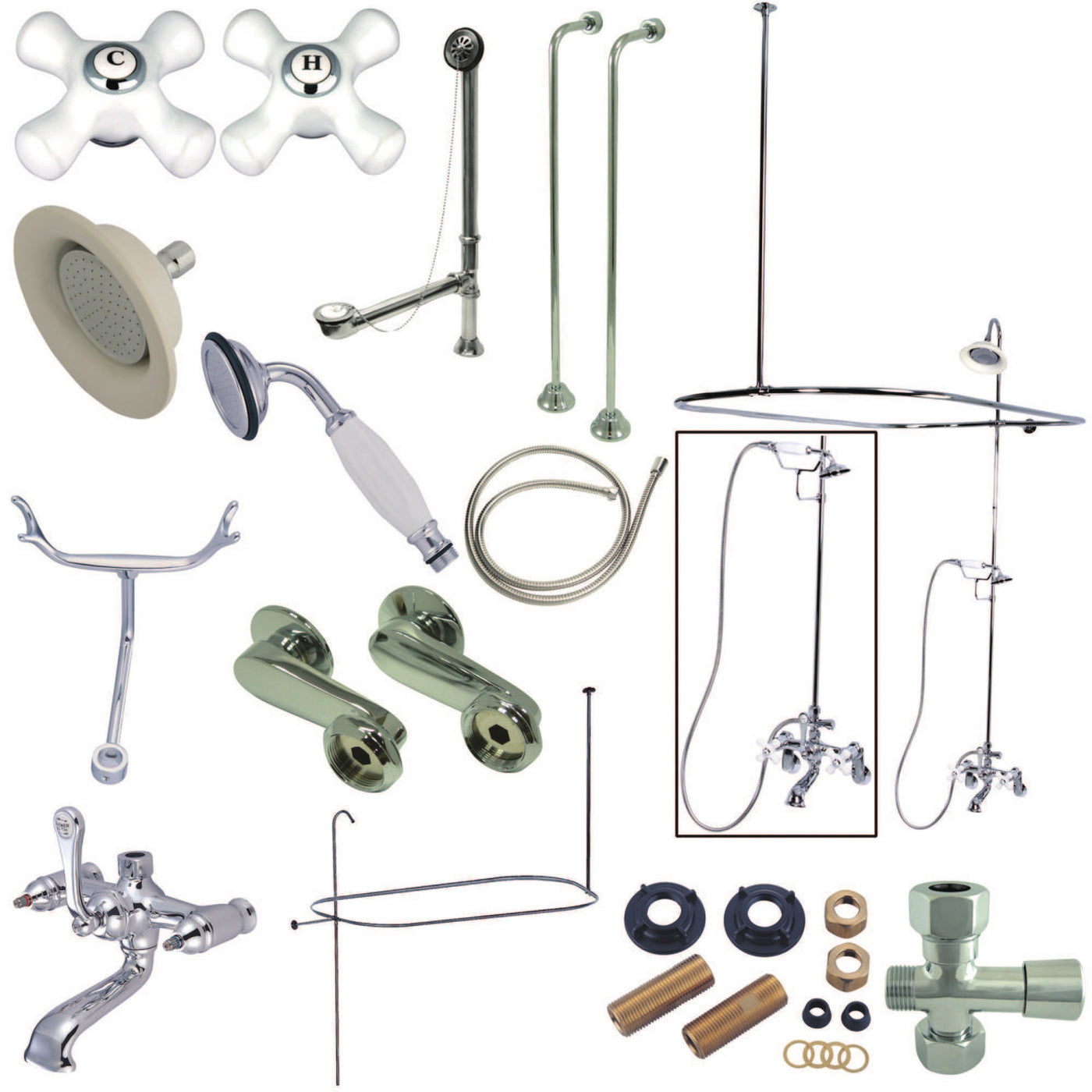Elements of Design EDK1141PX Clawfoot Tub Faucet Package with Shower Enclosure, Polished Chrome