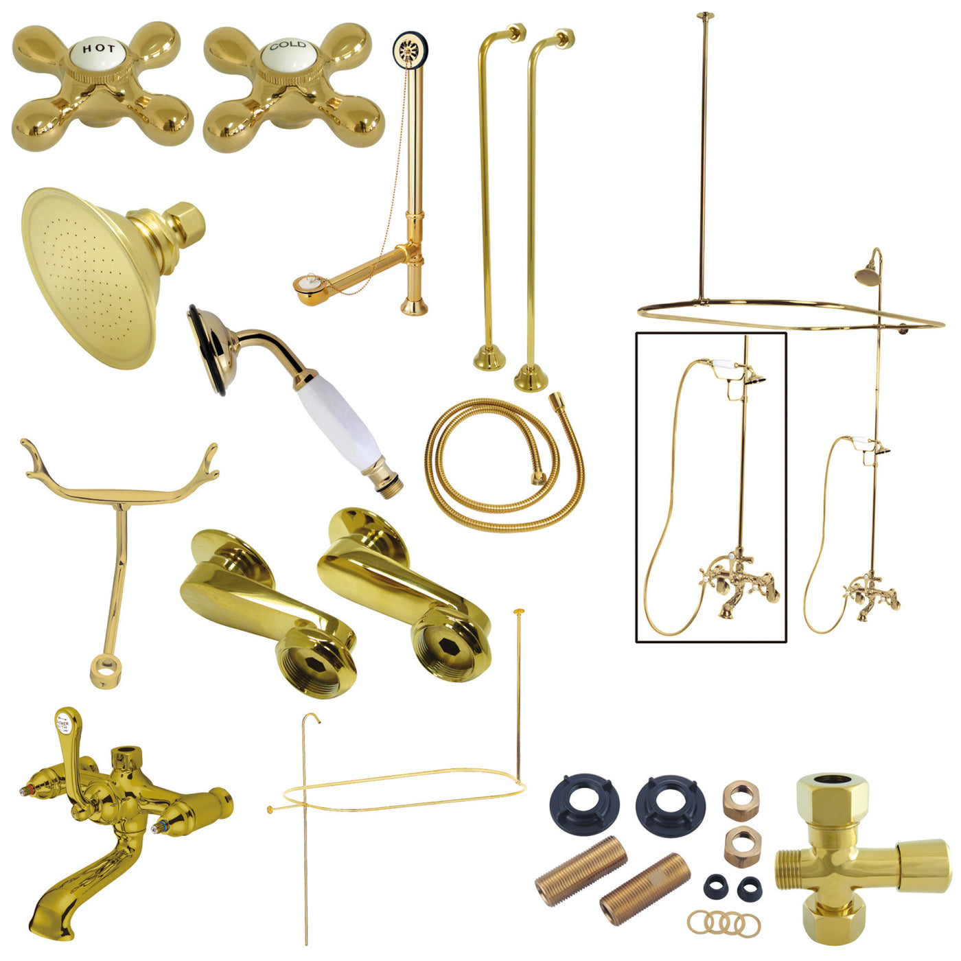 Elements of Design EDK1142AX Clawfoot Tub Faucet Package with Shower Enclosure, Polished Brass