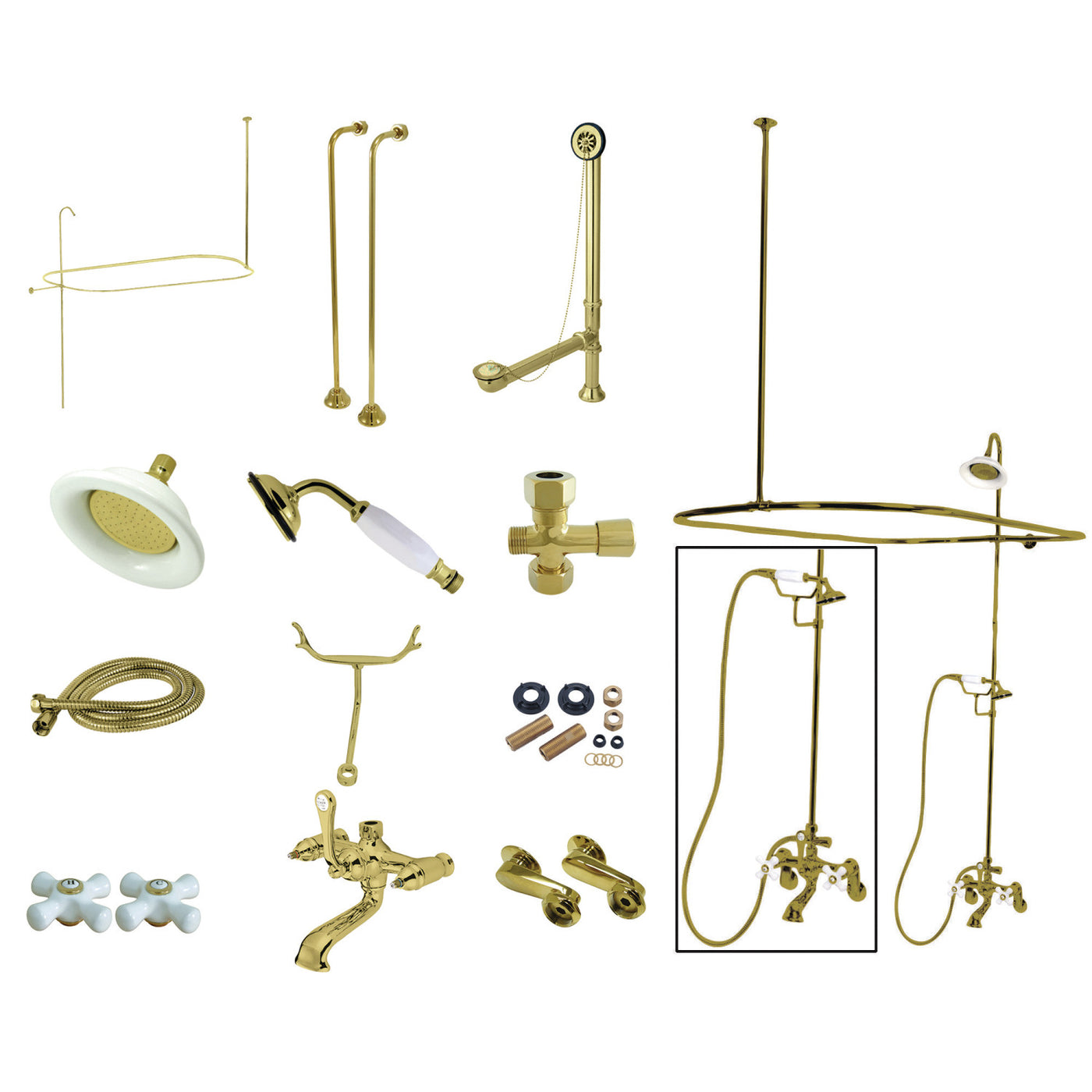 Elements of Design EDK1142PX Clawfoot Tub Faucet Package with Shower Enclosure, Polished Brass