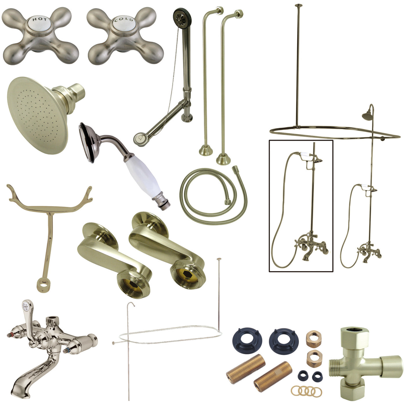 Elements of Design EDK1148AX Clawfoot Tub Faucet Package with Shower Enclosure, Brushed Nickel