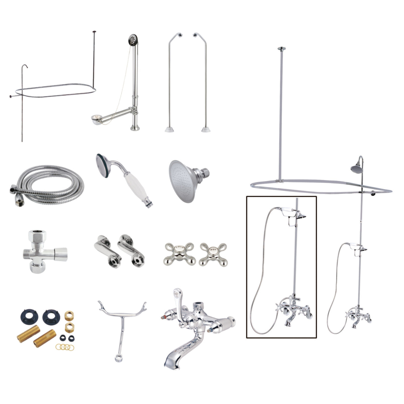 Elements of Design EDK1181AX Clawfoot Tub Faucet Package with Shower Enclosure, Polished Chrome