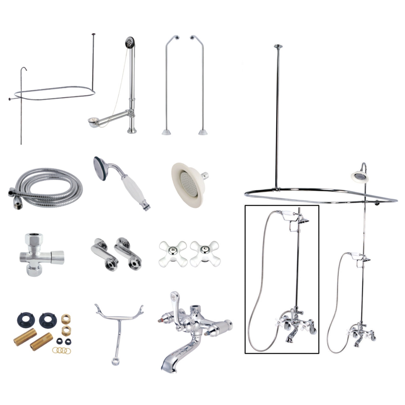 Elements of Design EDK1181PX Clawfoot Tub Faucet Package with Shower Enclosure, Polished Chrome