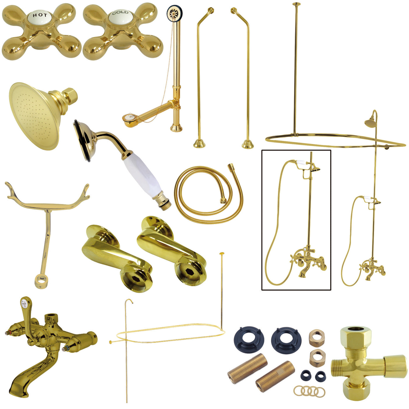 Elements of Design EDK1182AX Clawfoot Tub Faucet Package with Shower Enclosure, Polished Brass