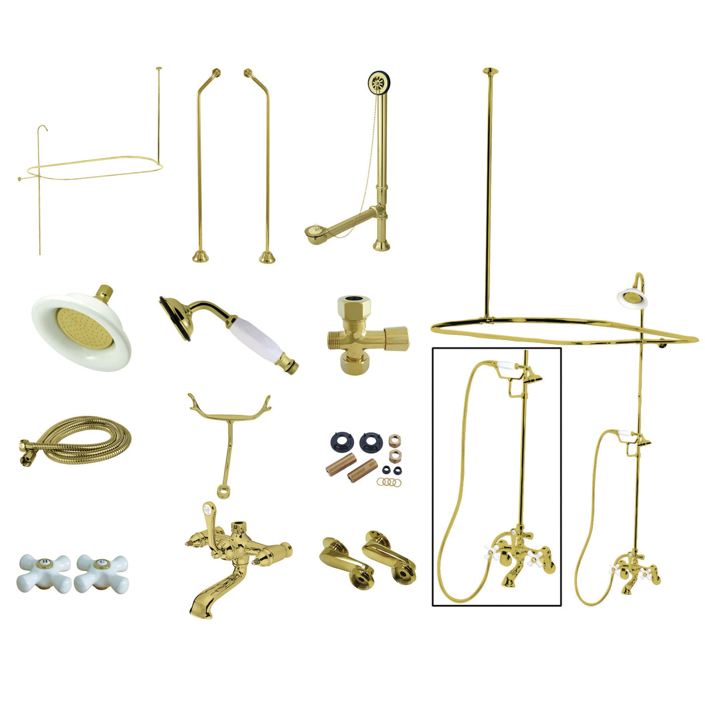 Elements of Design EDK1182PX Clawfoot Tub Faucet Package with Shower Enclosure, Polished Brass