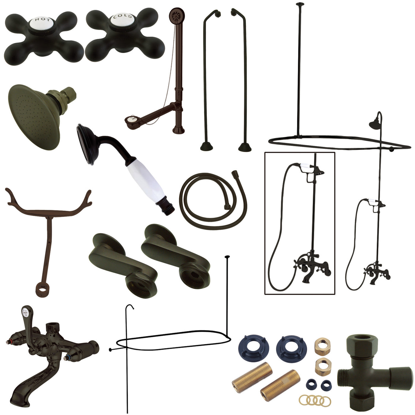 Elements of Design EDK1185AX Clawfoot Tub Faucet Package with Shower Enclosure, Oil Rubbed Bronze