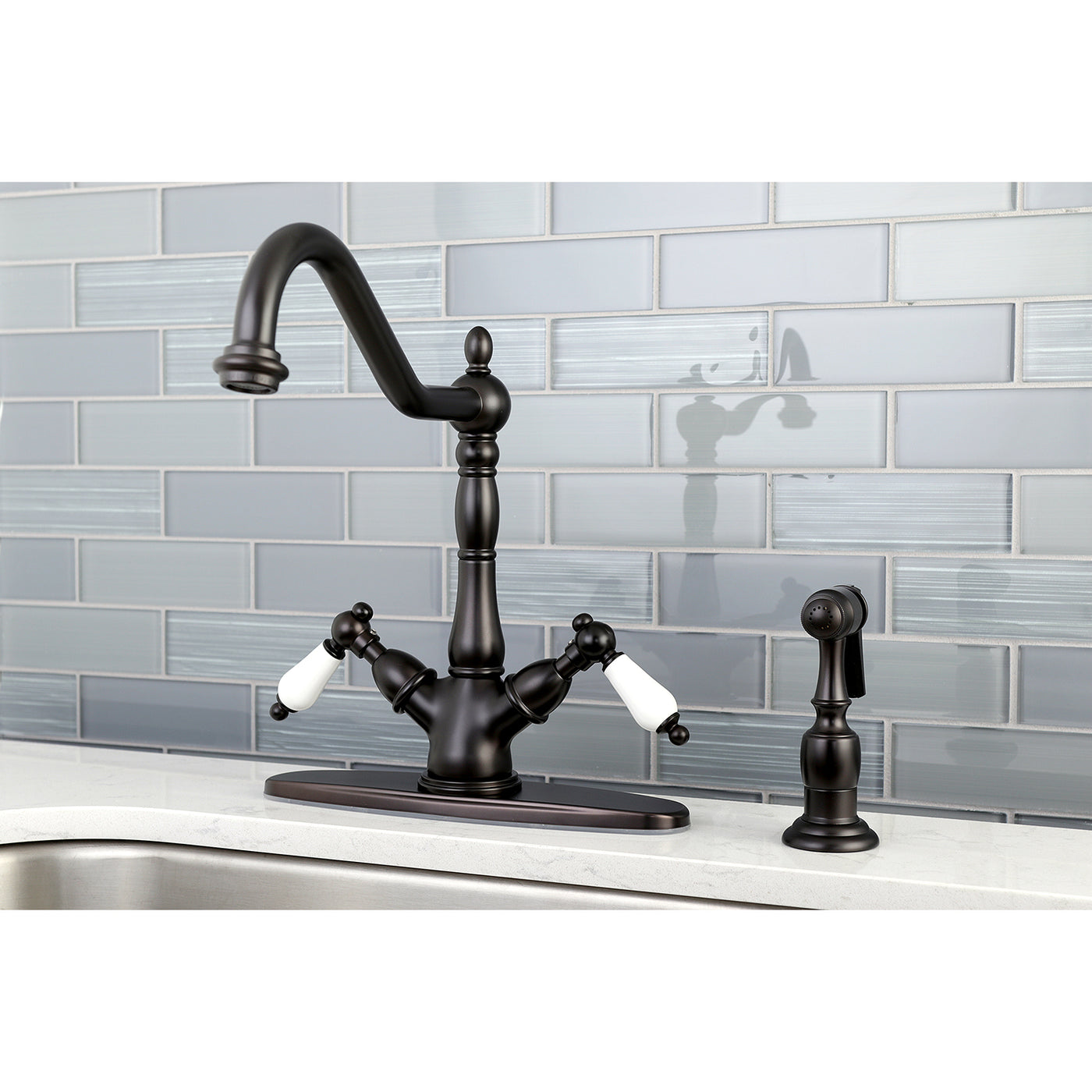Elements of Design ES1235PLBS 2-Handle Kitchen Faucet with Brass Sprayer, Oil Rubbed Bronze