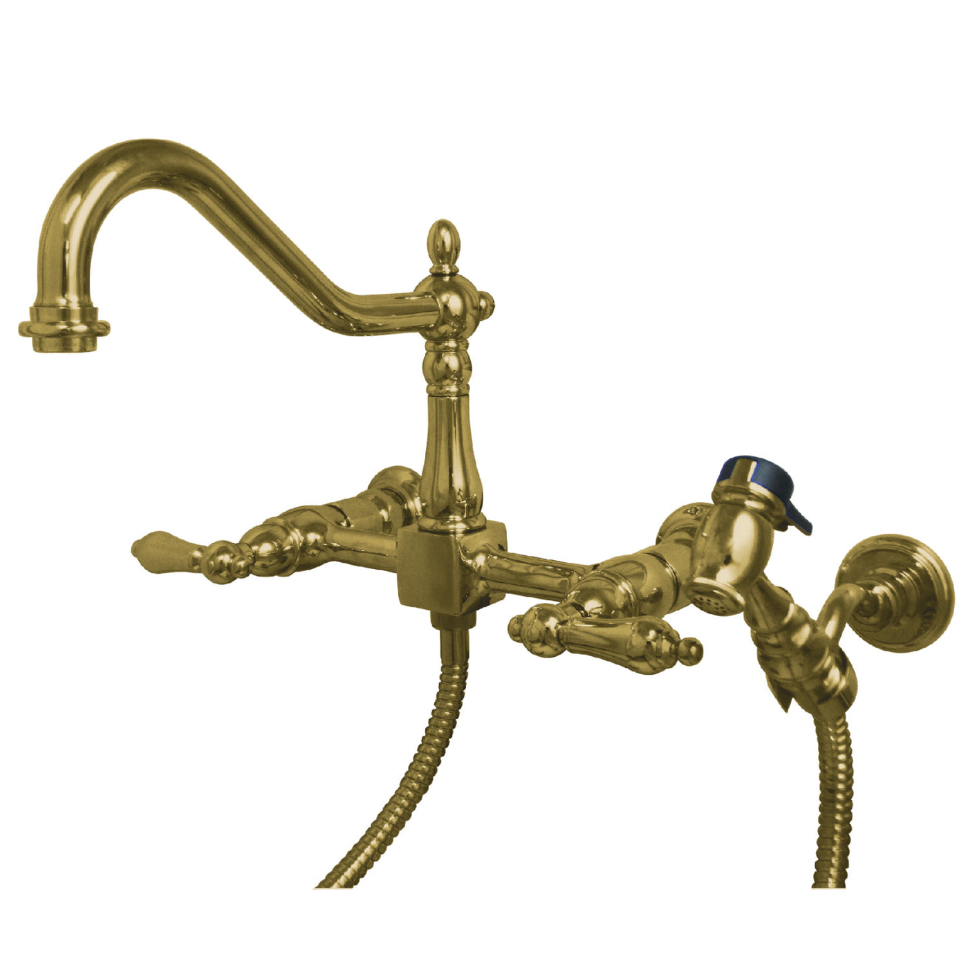 Elements of Design ES1242ALBS Wall Mount Bridge Kitchen Faucet with Brass Sprayer, Polished Brass