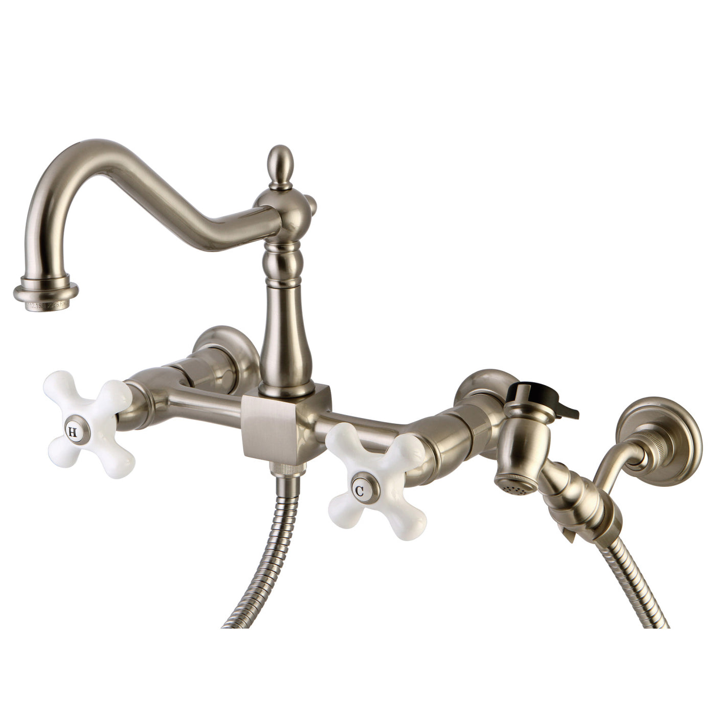 Elements of Design ES1248PXBS Wall Mount Bridge Kitchen Faucet with Brass Sprayer, Brushed Nickel
