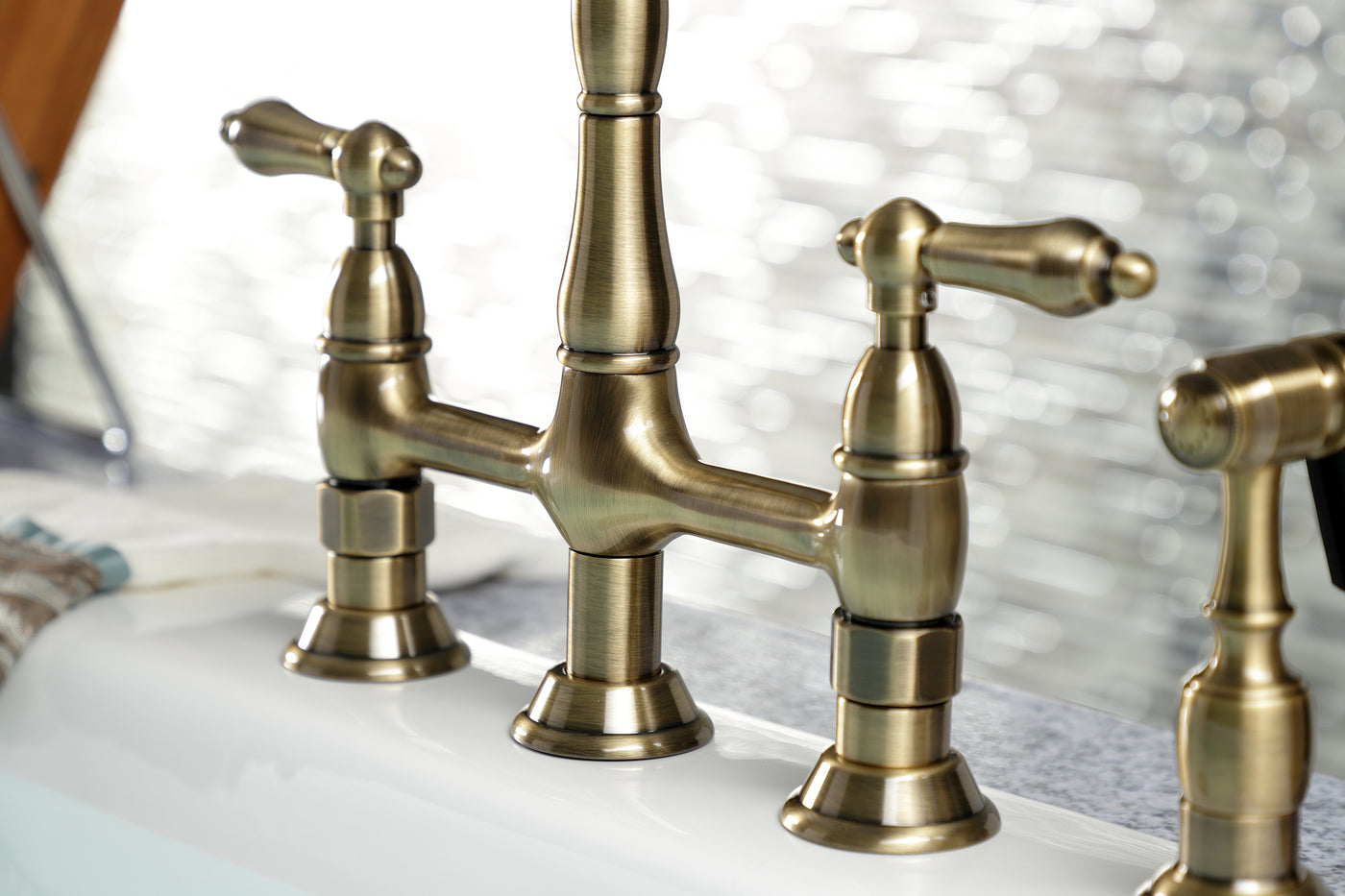 Elements of Design ES1273ALBS Bridge Kitchen Faucet with Brass Sprayer, Antique Brass