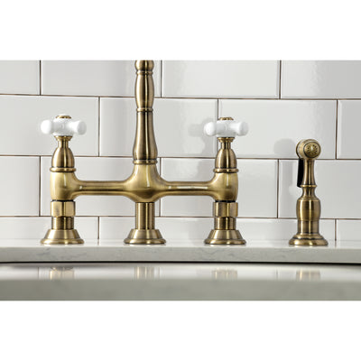 Elements of Design ES1273PXBS Bridge Kitchen Faucet with Brass Sprayer, Antique Brass