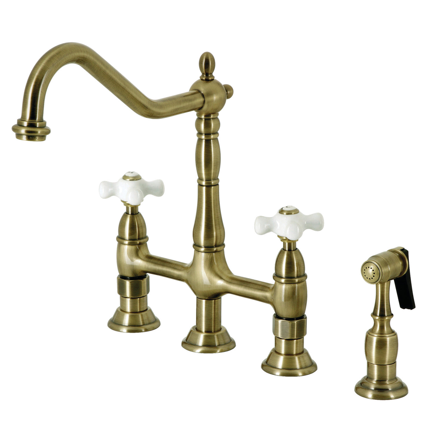 Elements of Design ES1273PXBS Bridge Kitchen Faucet with Brass Sprayer, Antique Brass