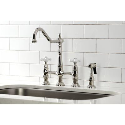 Elements of Design ES1276PXBS Bridge Kitchen Faucet with Brass Sprayer, Polished Nickel