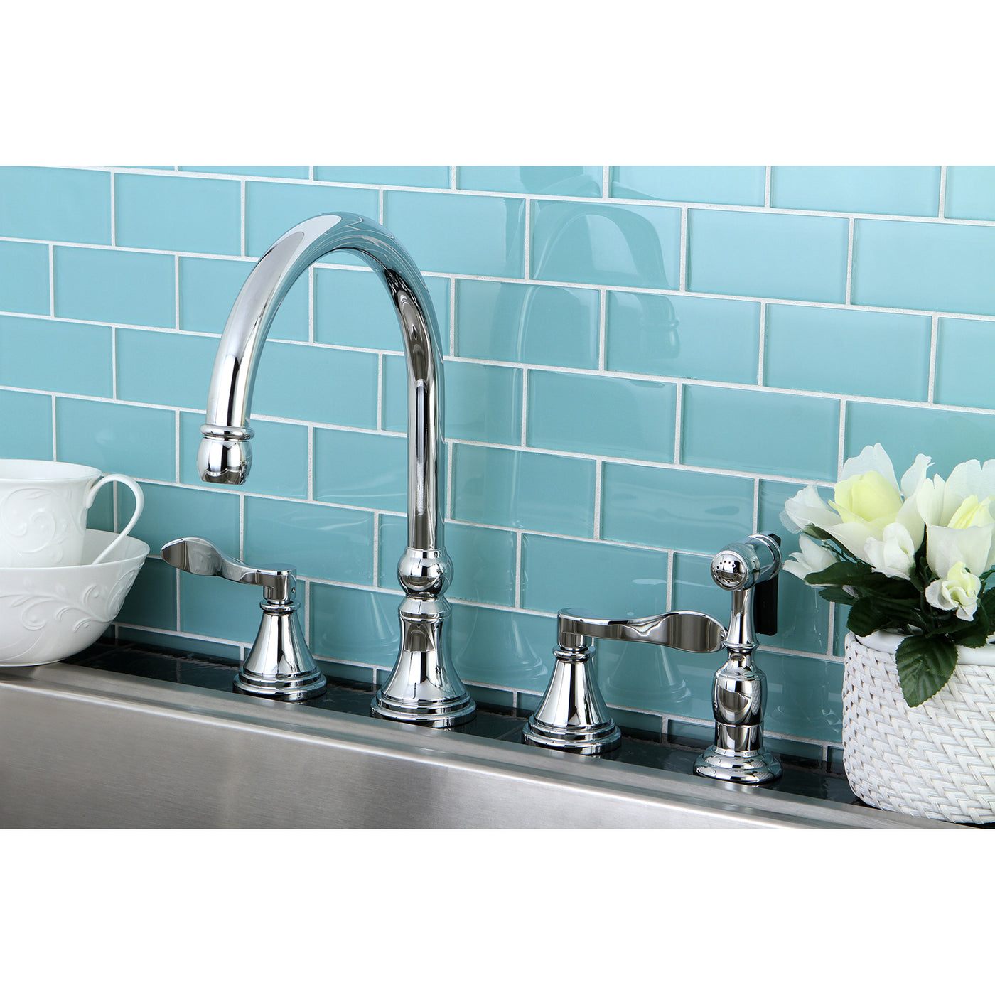 Elements of Design ES2791DFLBS Widespread Kitchen Faucet with Brass Sprayer, Polished Chrome