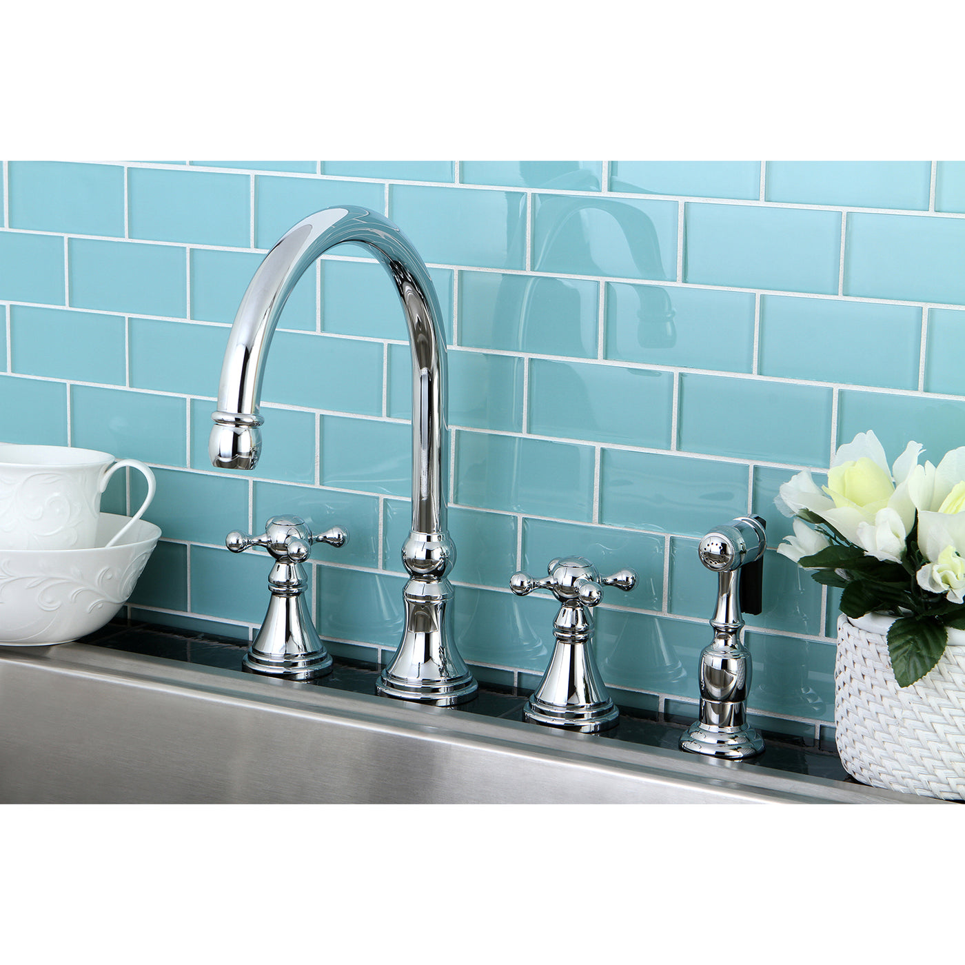 Elements of Design ES2791KXBS Widespread Kitchen Faucet with Brass Sprayer, Polished Chrome