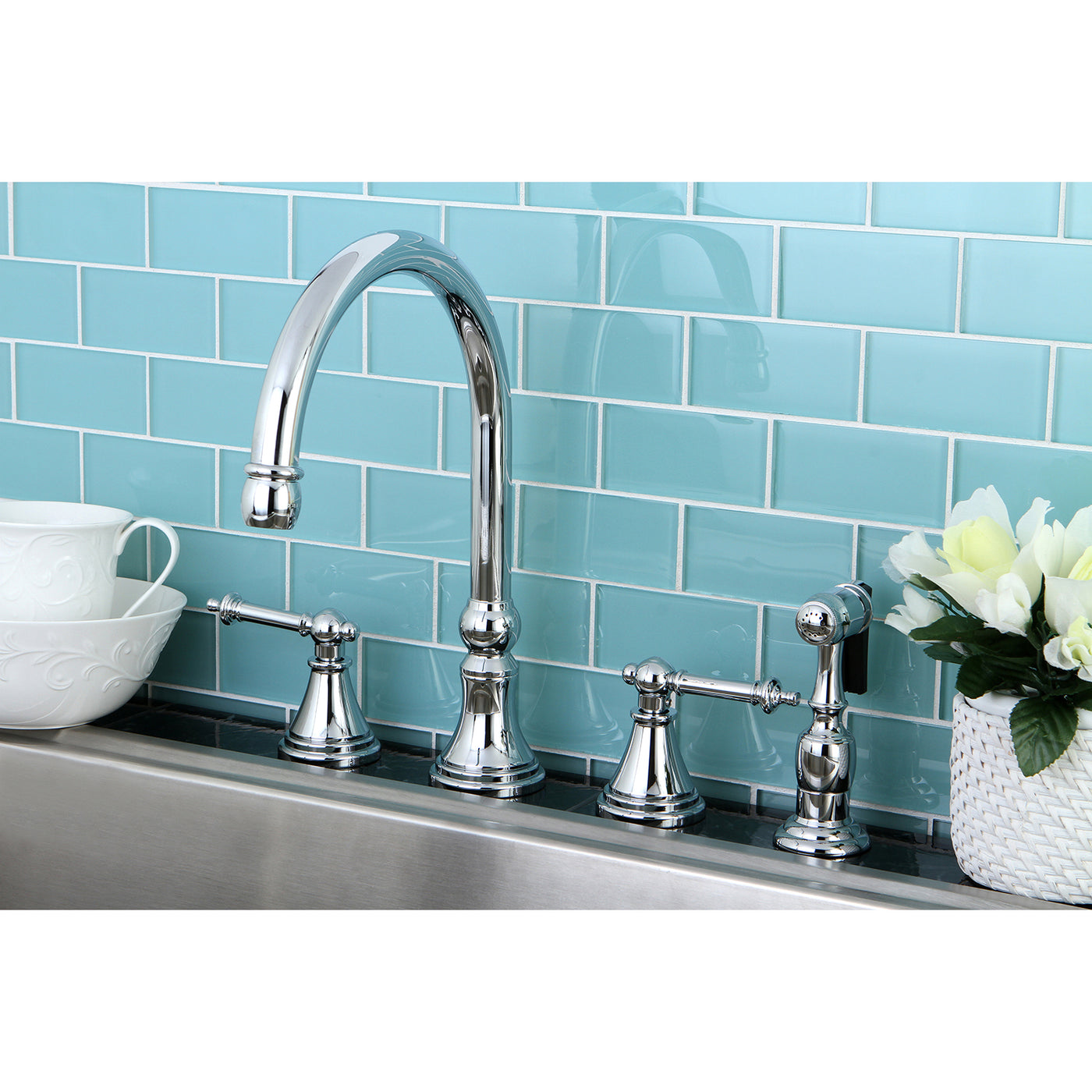 Elements of Design ES2791TLBS Widespread Kitchen Faucet with Brass Sprayer, Polished Chrome