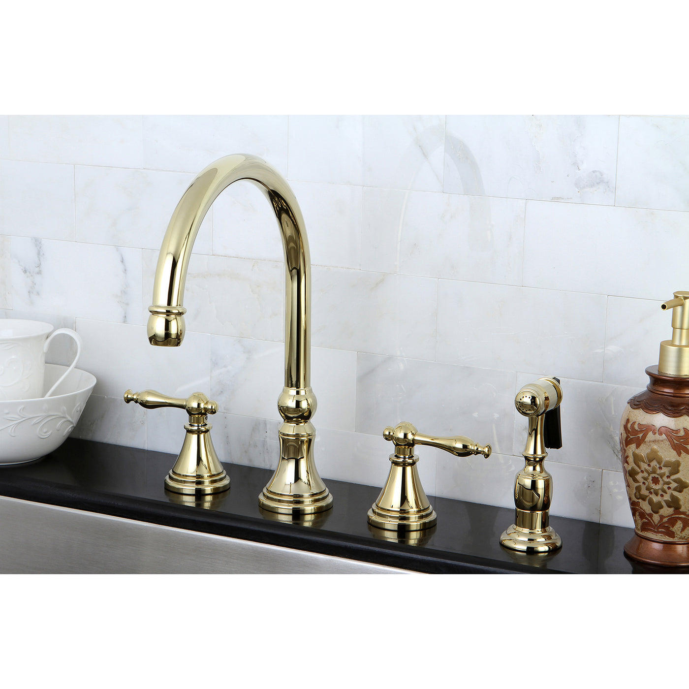 Elements of Design ES2792NLBS Widespread Kitchen Faucet with Brass Sprayer, Polished Brass