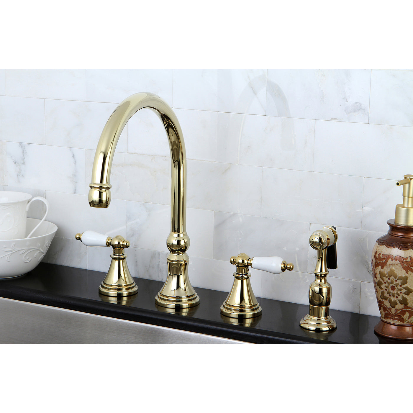 Elements of Design ES2792PLBS Widespread Kitchen Faucet with Brass Sprayer, Polished Brass