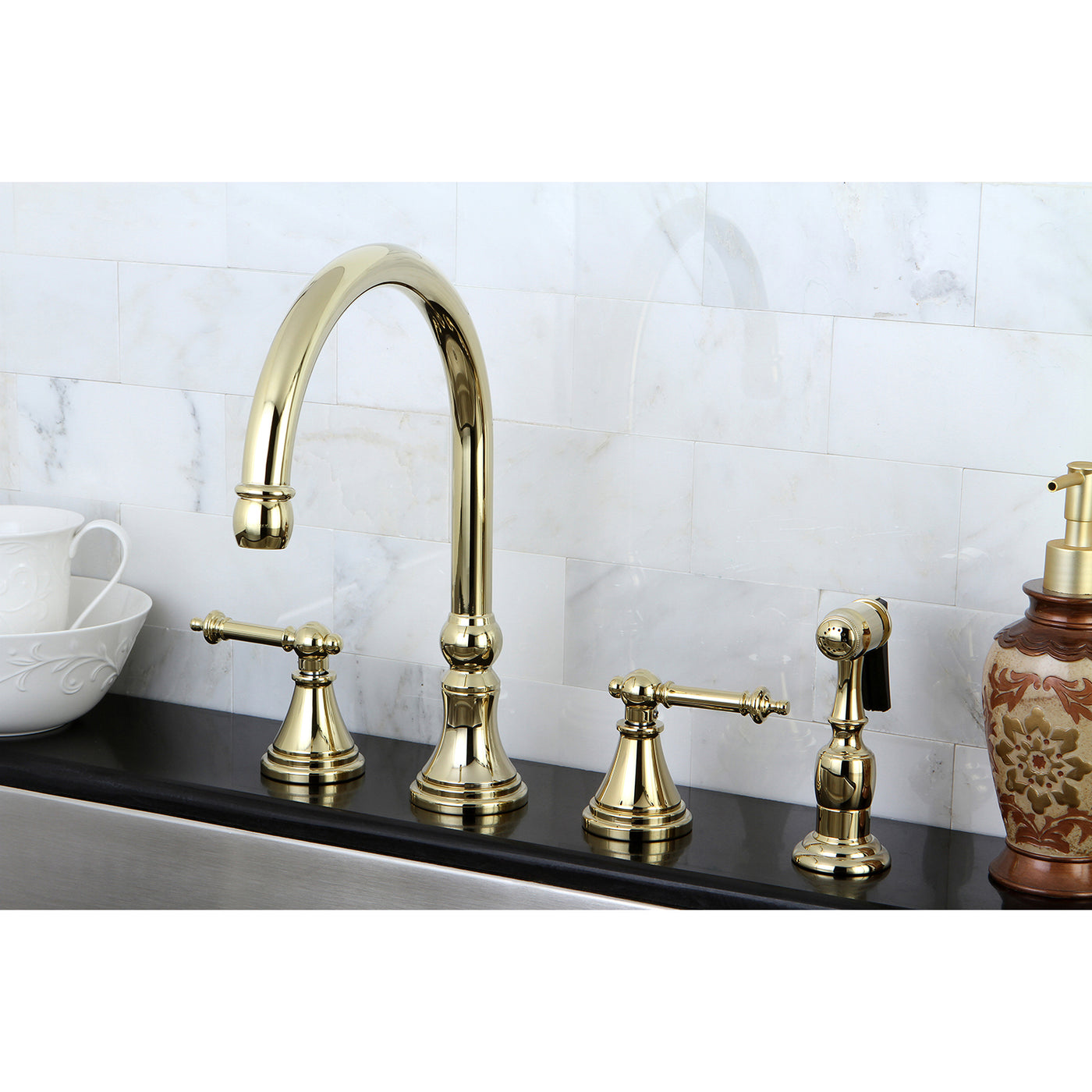 Elements of Design ES2792TLBS Widespread Kitchen Faucet with Brass Sprayer, Polished Brass