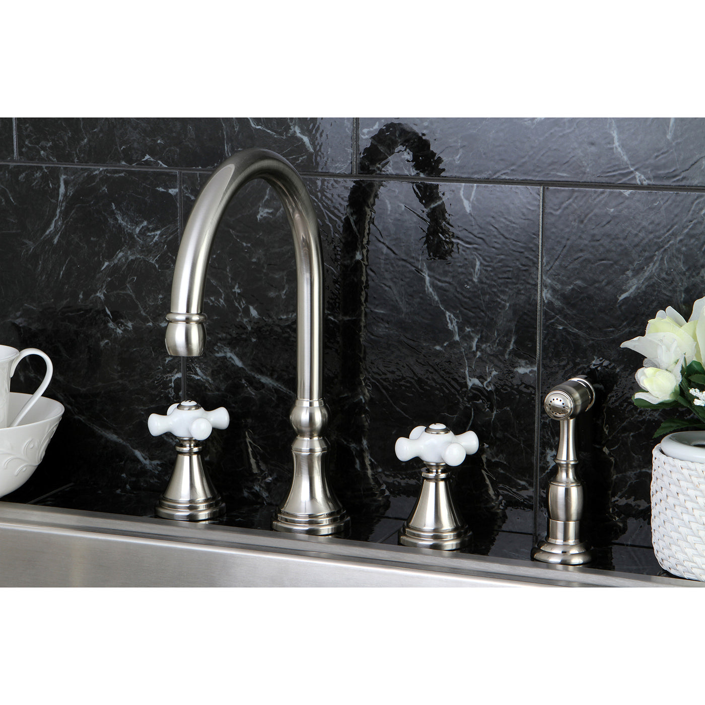 Elements of Design ES2798PXBS Widespread Kitchen Faucet with Brass Sprayer, Brushed Nickel